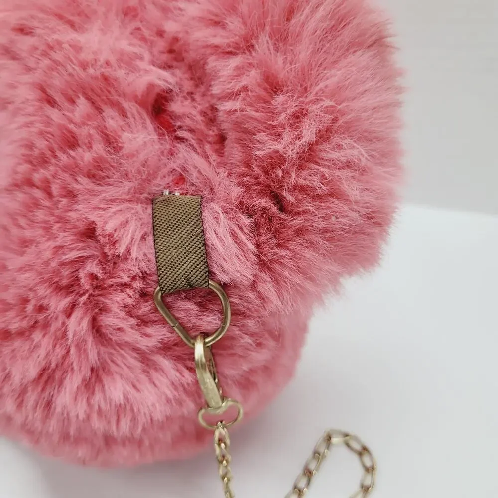 Plush Pink Bear Head 3D Backpack Purse Gold Chain Cosplay Dressup Anime
